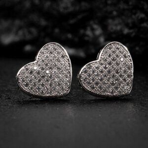 Large White Gold 925 Sterling Silver Micro Pave Women's Cz Heart Stud Earrings